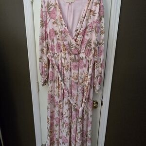 Baltic Born Pink and Cream Long Sleeve Sundress with Plunge Neckline